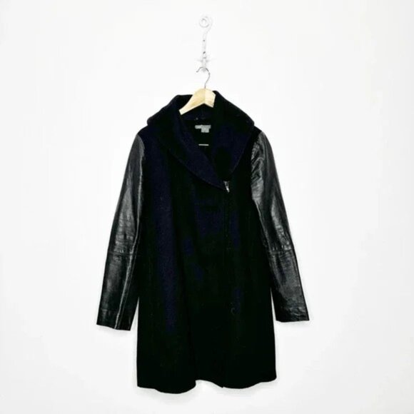 Vince Black Leather-Sleeve Shawl Collar Wool Coat, M - Picture 3 of 6